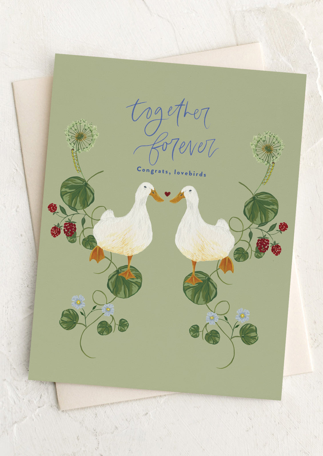 Greeting card with two ducks holding hands and the text 'Together Forever' on a light green background.