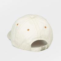 4: An ecru color baseball cap with contrast brown stitching.