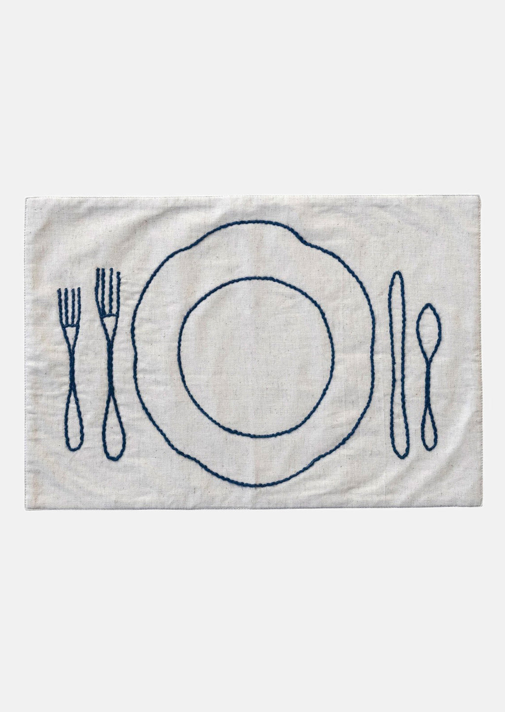 2: An off-white linen-cotton placemat with navy blue plate and silverware embroidery.