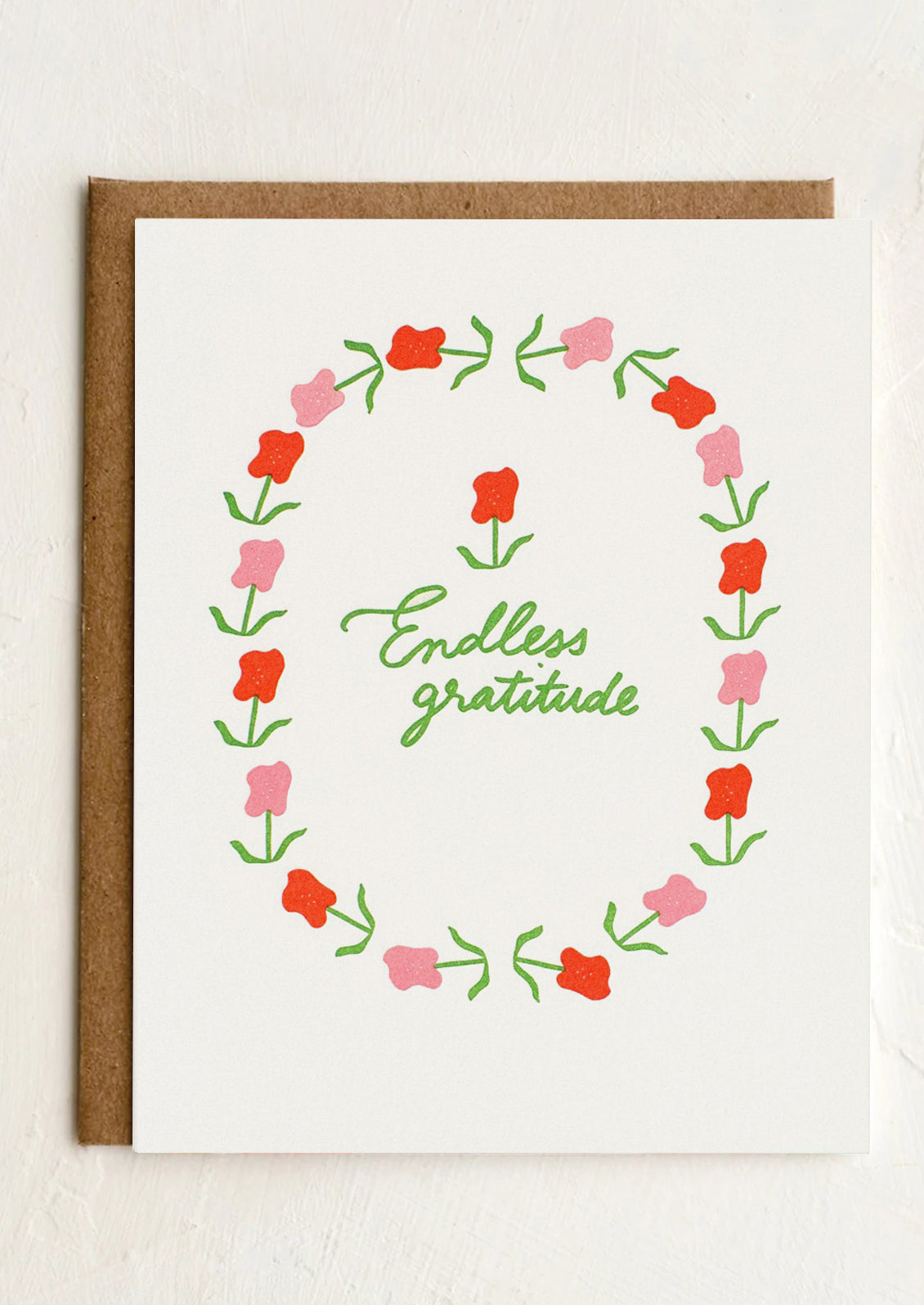 Card with floral wreath design and 'Endless gratitude' text on a white background