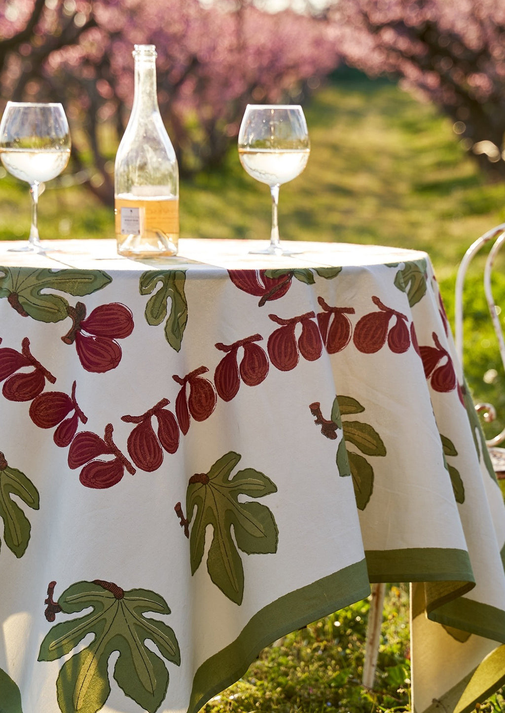4: A block printed tablecloth with fig fruit and leaf pattern.