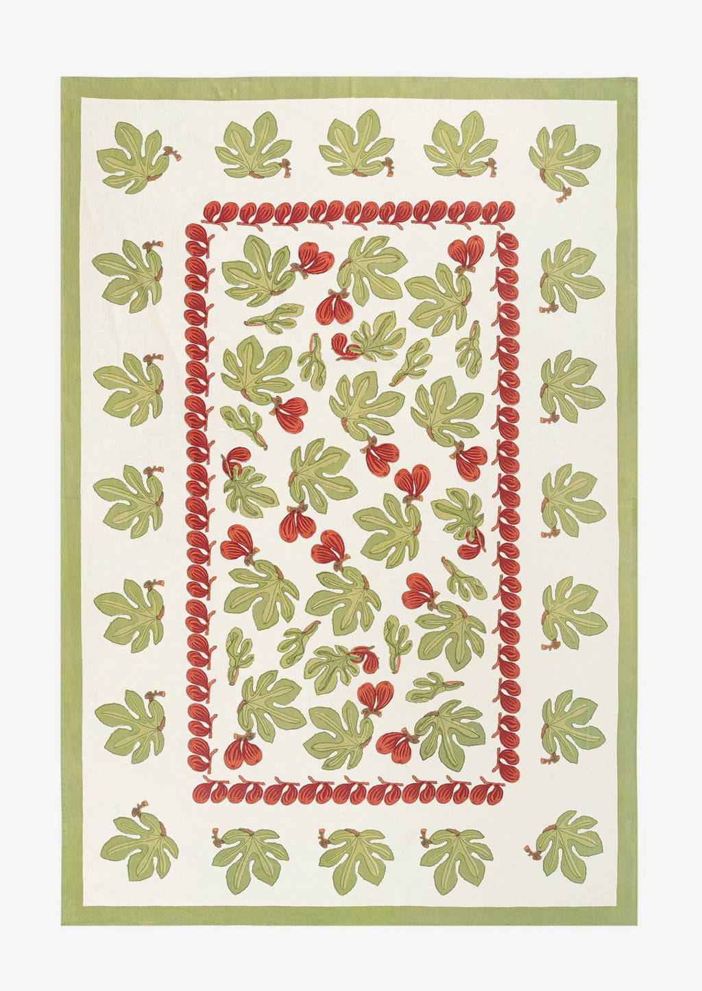 1: A block printed tablecloth with fig fruit and leaf pattern.