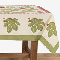 3: A block printed tablecloth with fig fruit and leaf pattern.