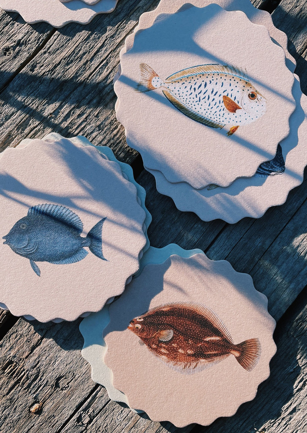 3: A set of scalloped edge paper coasters with 10 different fish prints.