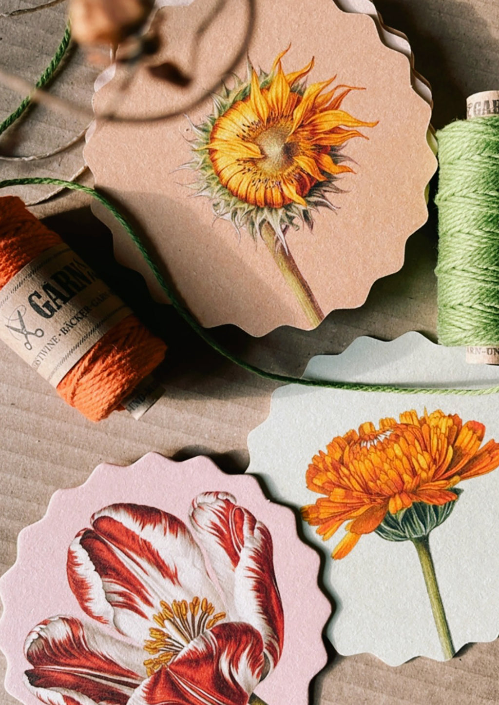 4: A set of scalloped edge paper coasters with 10 different flower prints.