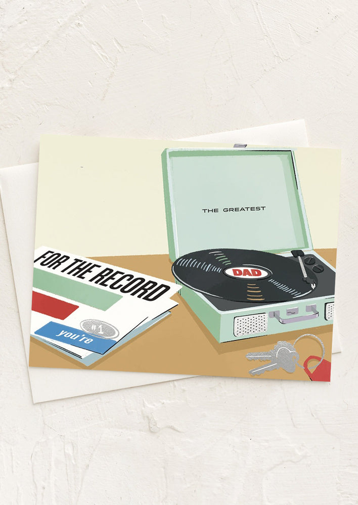 1: A card with image of record player, text reads "The Greatest Dad".