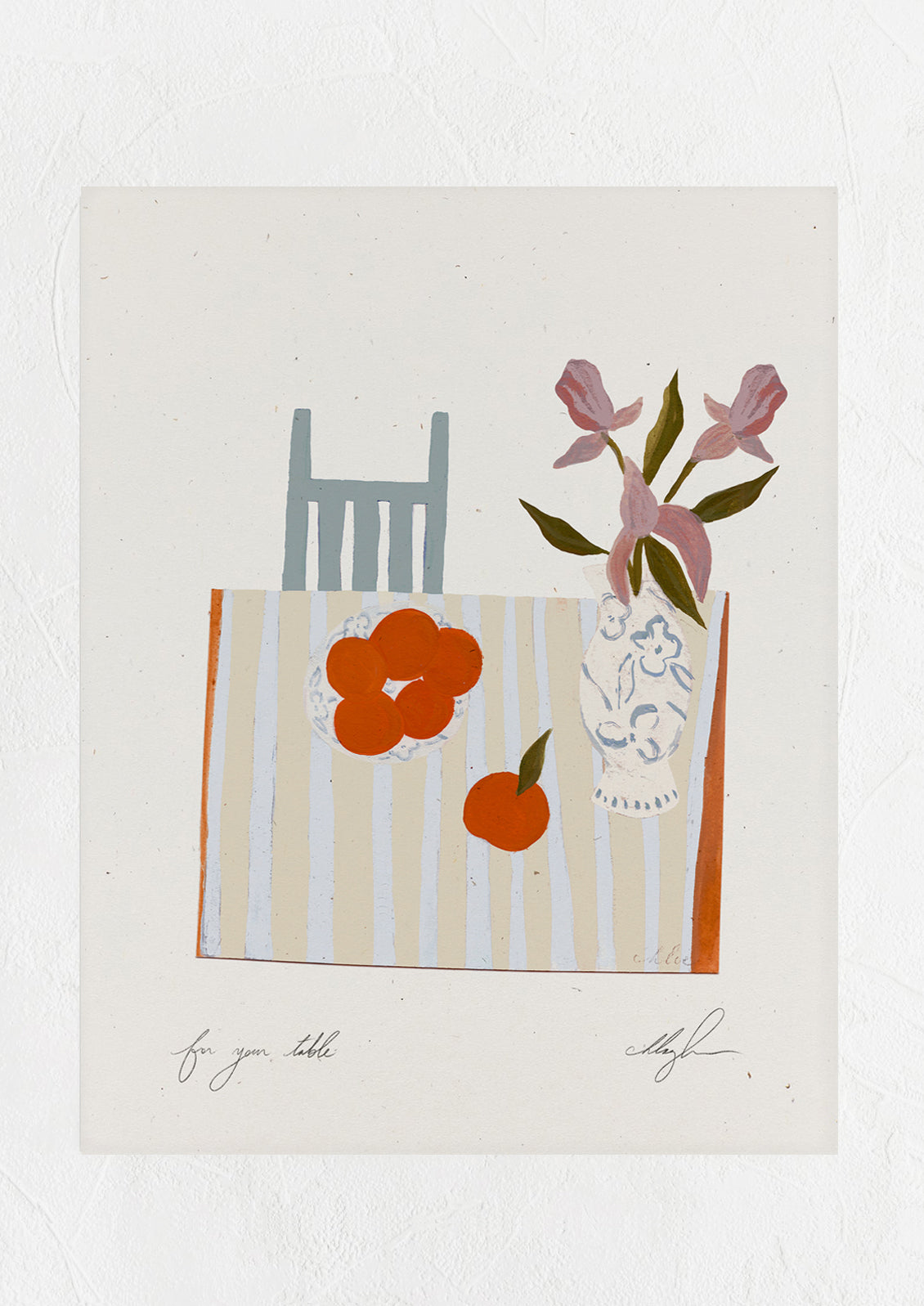 An art print of an illustration of a table and chair with flowers and fruit.