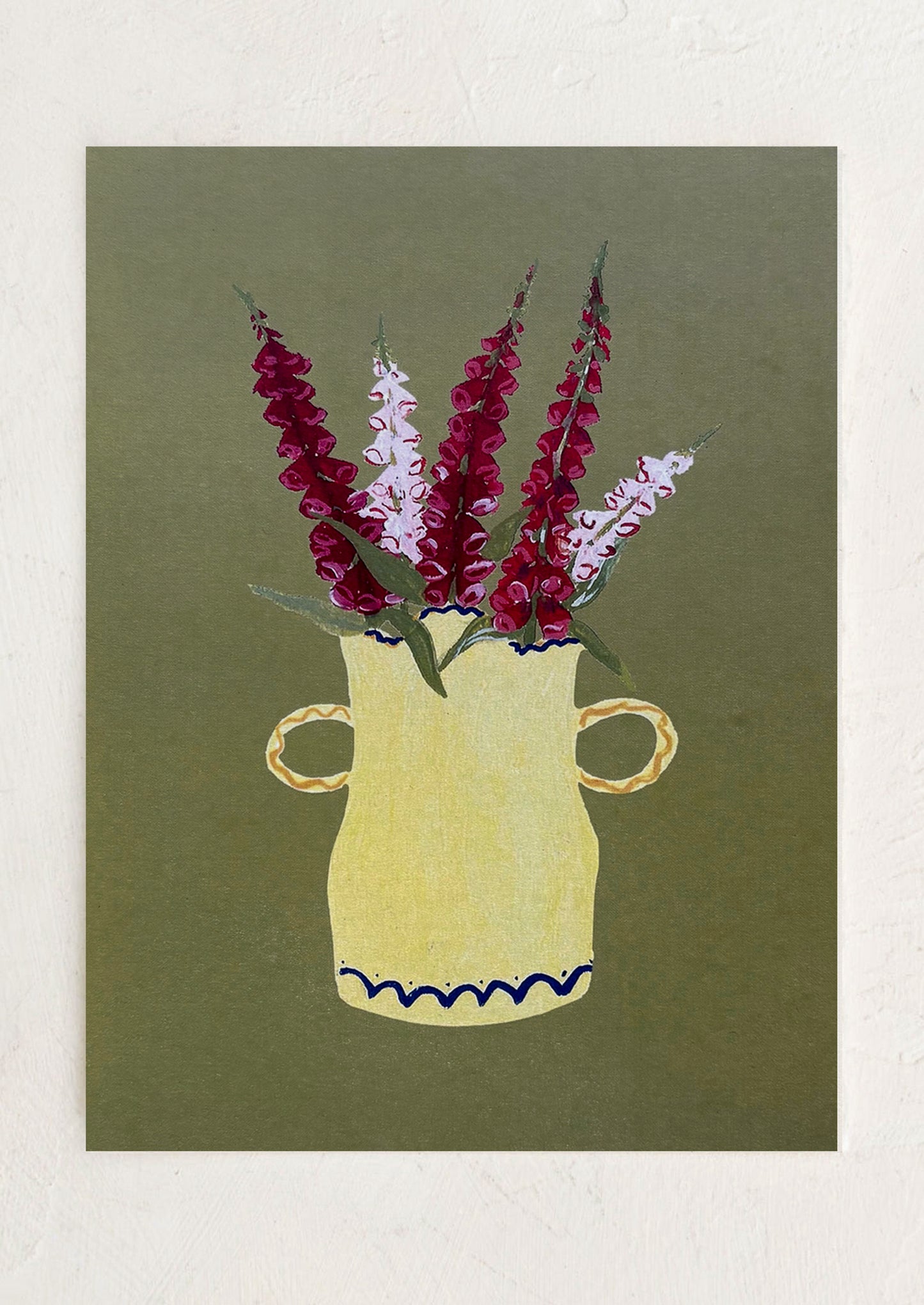 Illustration of a yellow vase with purple flowers on a green background