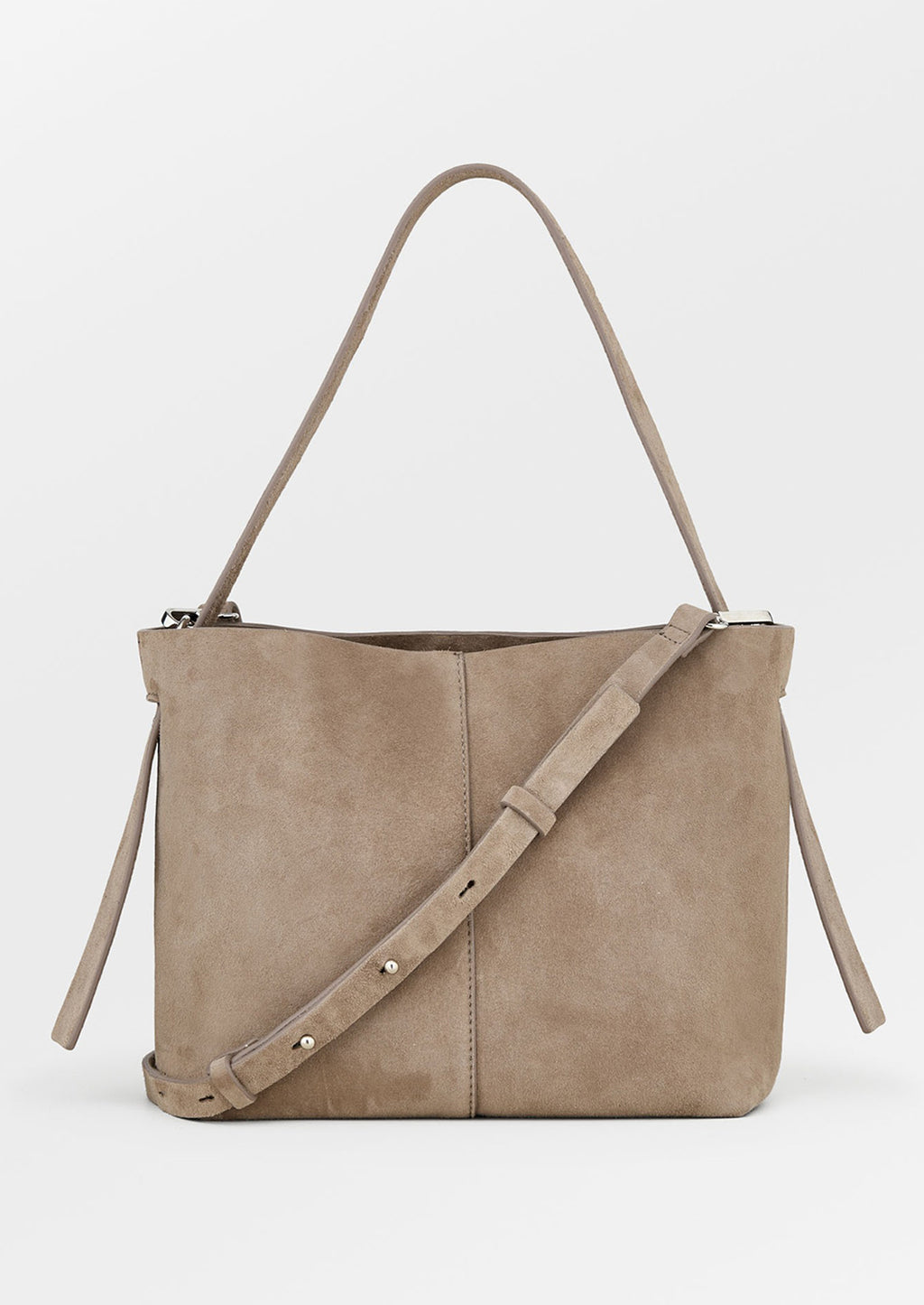 Mouse: A suede handbag in mouse grey.