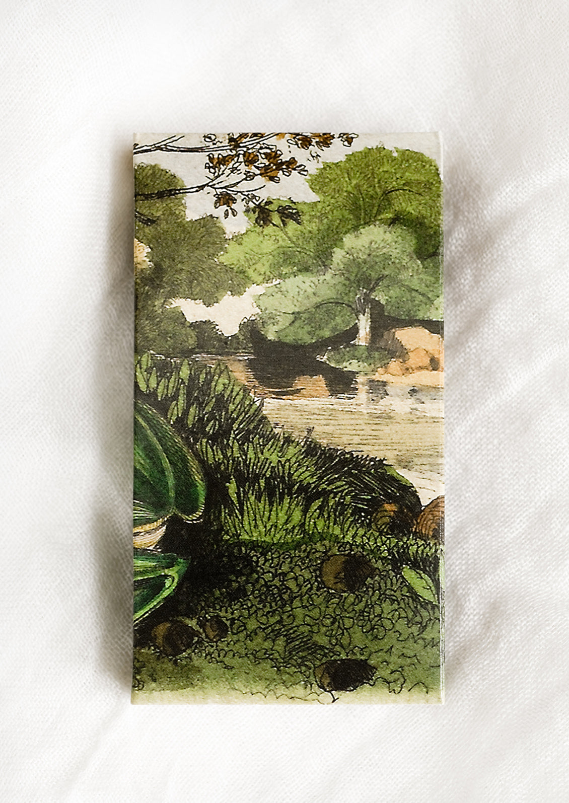 A frog print matchbox with long, brown-tipped matches.