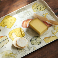 2: A serving tray with cheese print.