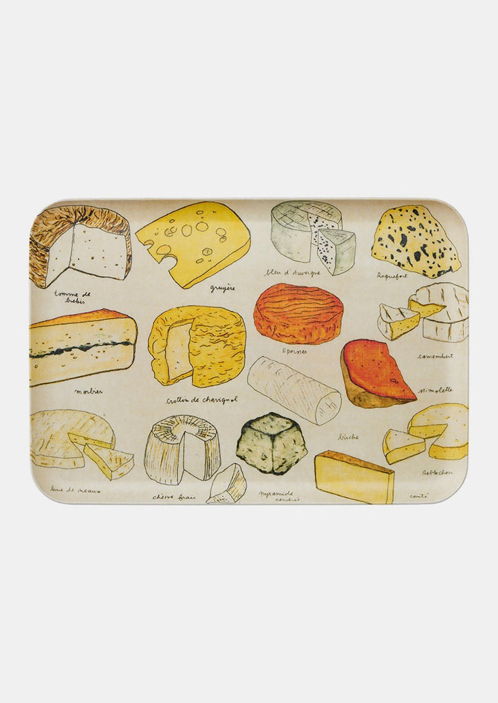 1: A serving tray with cheese print.
