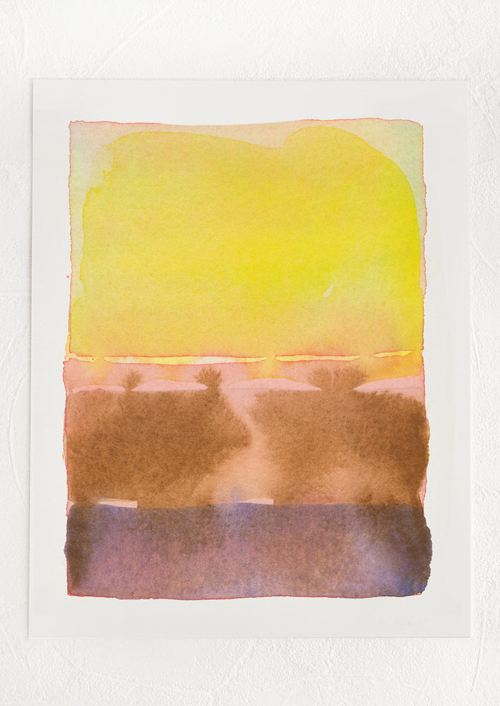 1: An abstract watercolor art print in shades of yellow, pink brown and purple.