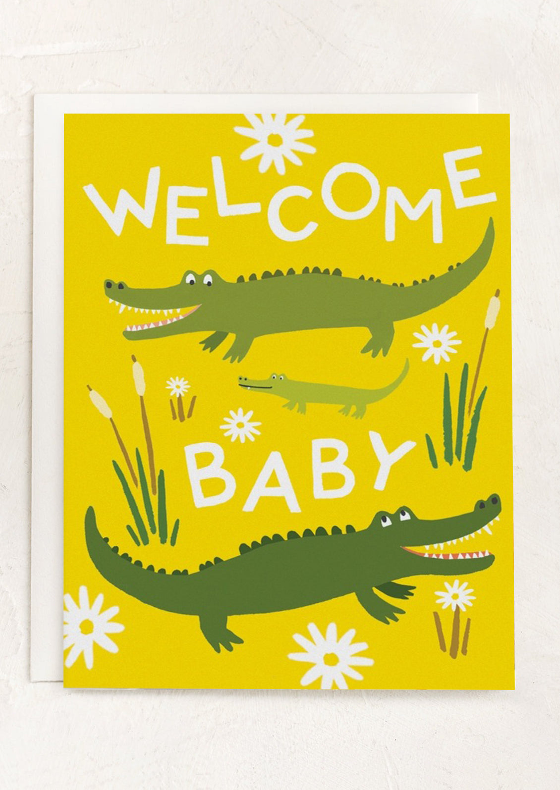 Card with crocodile illustrations and 'Welcome Baby' text on a yellow background