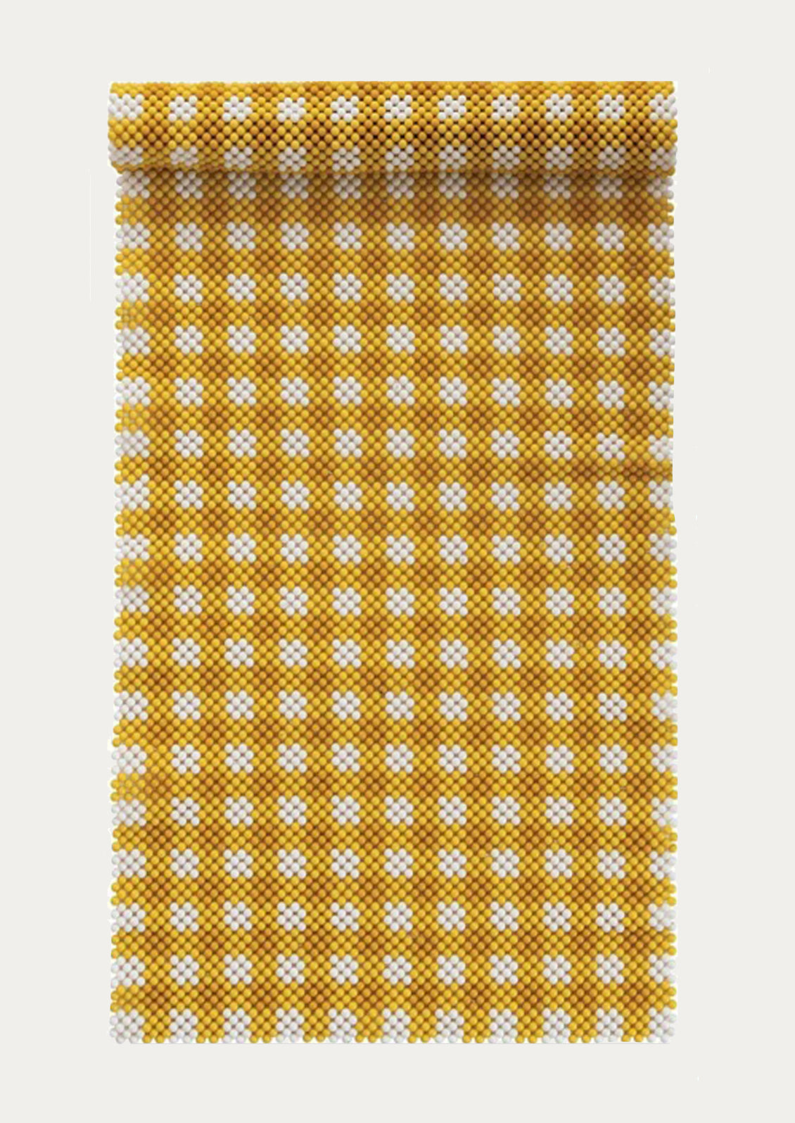 A beaded table runner in yellow and white gingham pattern.