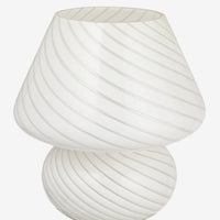 2: A white art glass table lamp with white/clear spiral pattern.