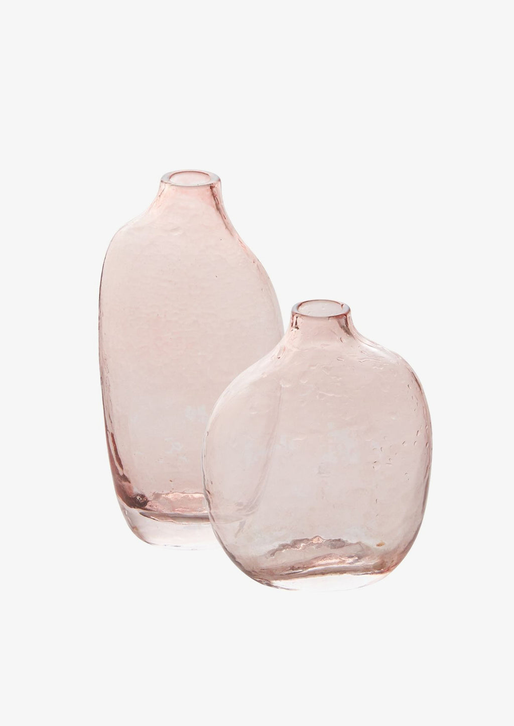 2: Clear pink glass bud vases in short and tall sizes.