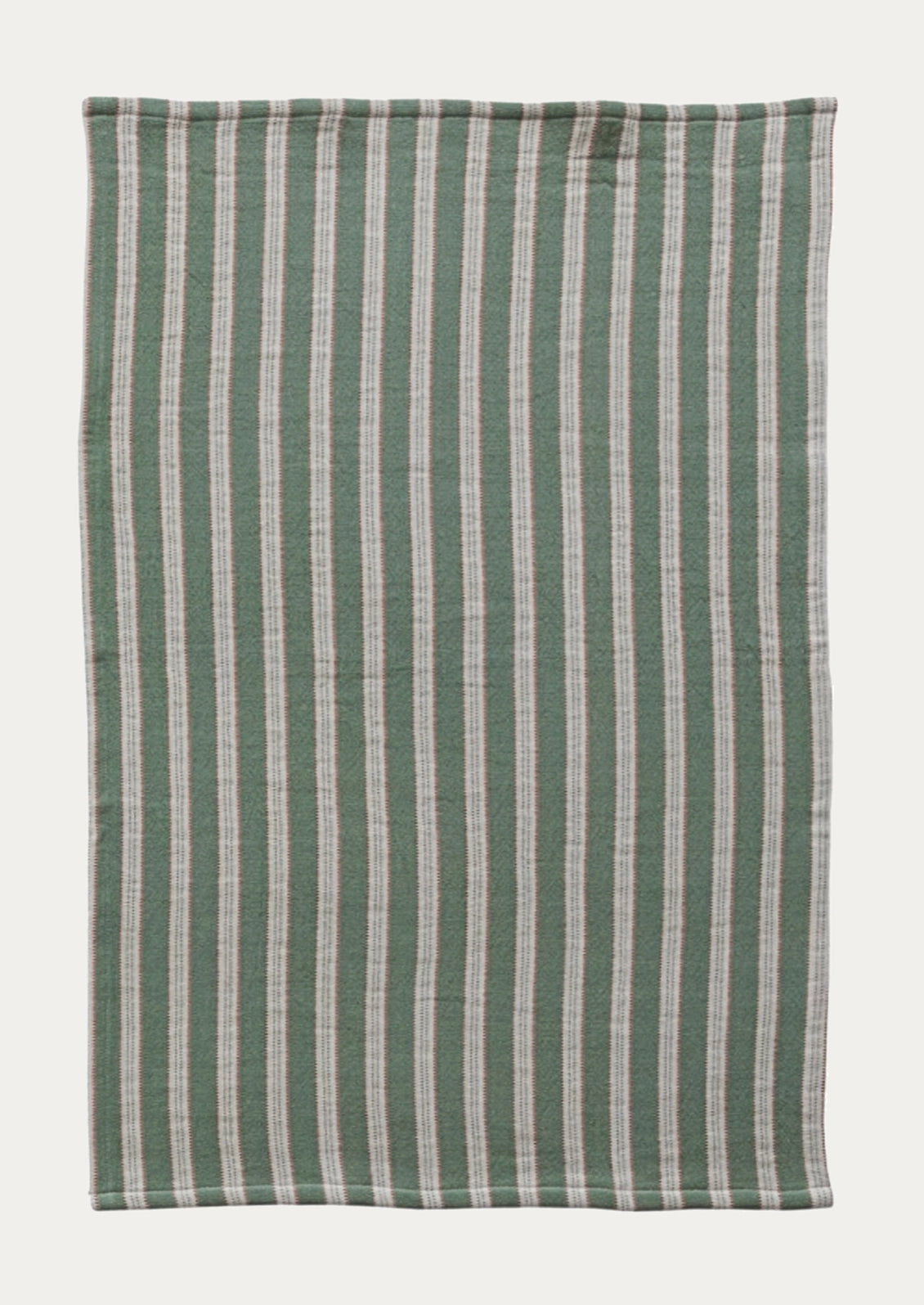 A woven kitchen towel in green and white stripe.