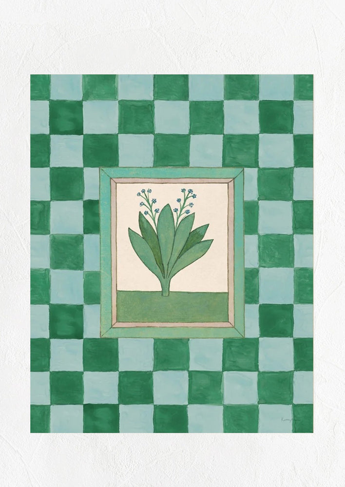 1: An art print with green checker pattern and framed herb graphic at center.