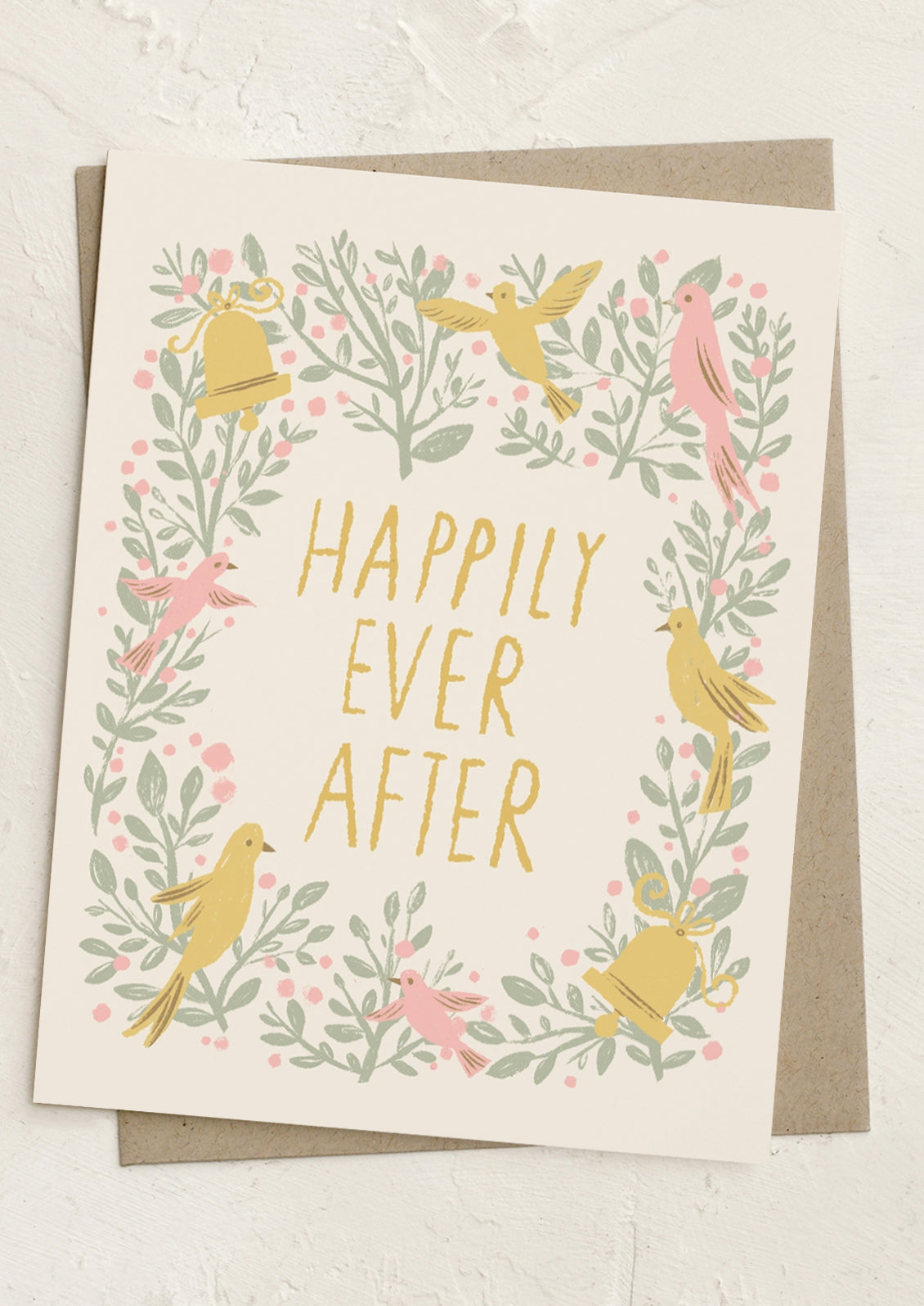 Greeting card with 'Happily Ever After' text and bird illustrations on a white background