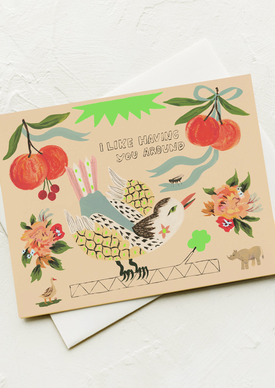 A greeting card with whimsical illustrations of birds, fruit and flowers, text reads "I like having you around".