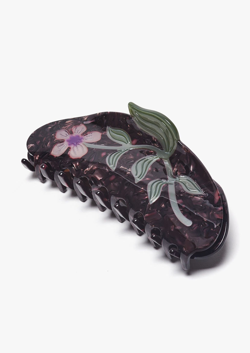 Cacao Multi: A dark brown acetate hair claw with purple flower.