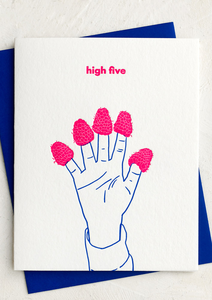1: A card reading "High five" with image of hand with raspberries on fingers.