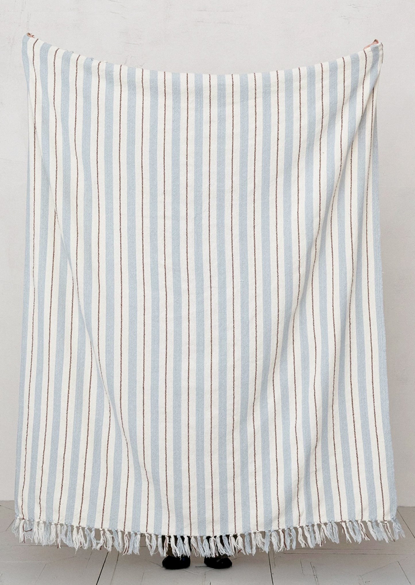 A blue and brown striped blanket with fringe trim.