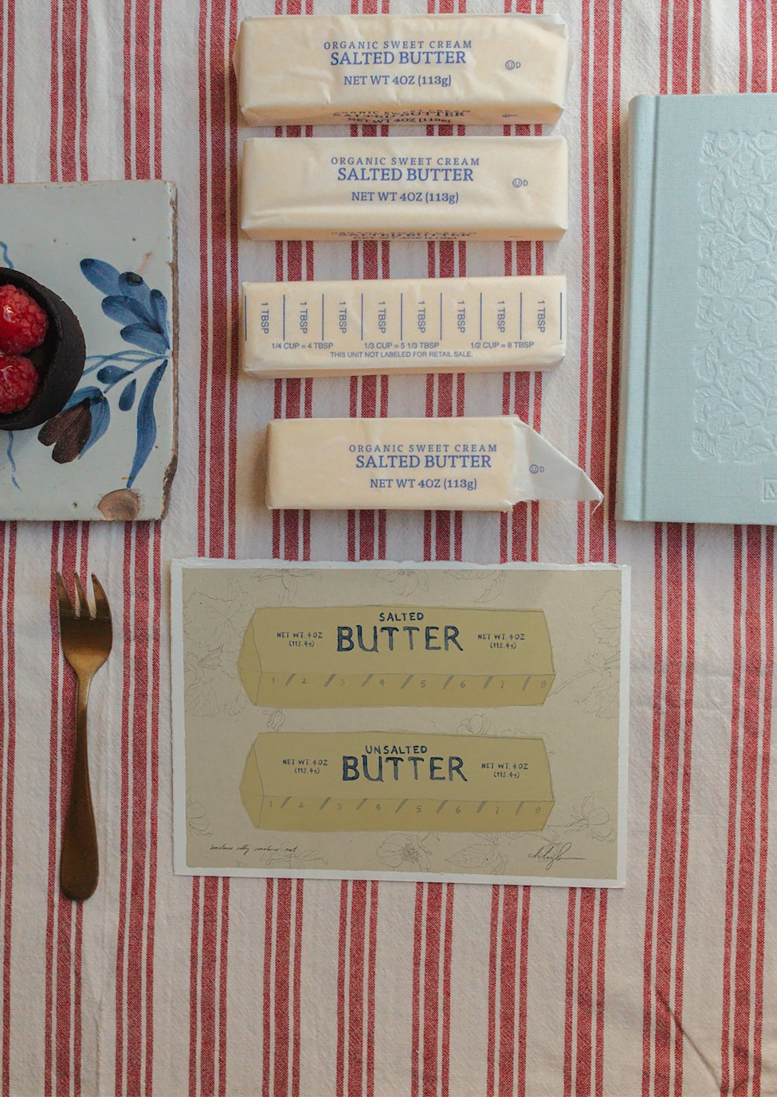 An art print of an illustration of two sticks of butter on a floral background.