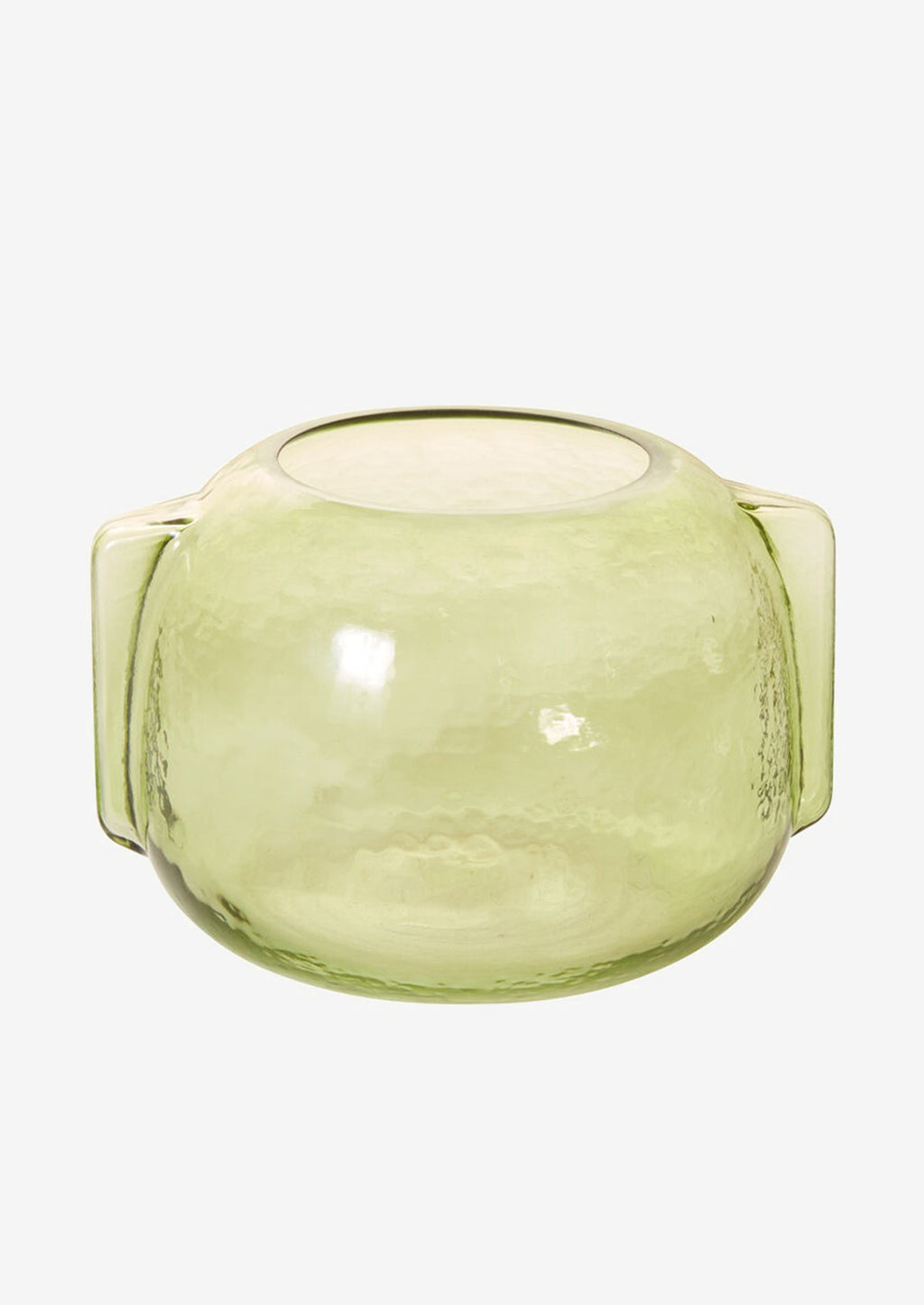 4: A transparent green glass vase in short/wide shape with side handle detail.