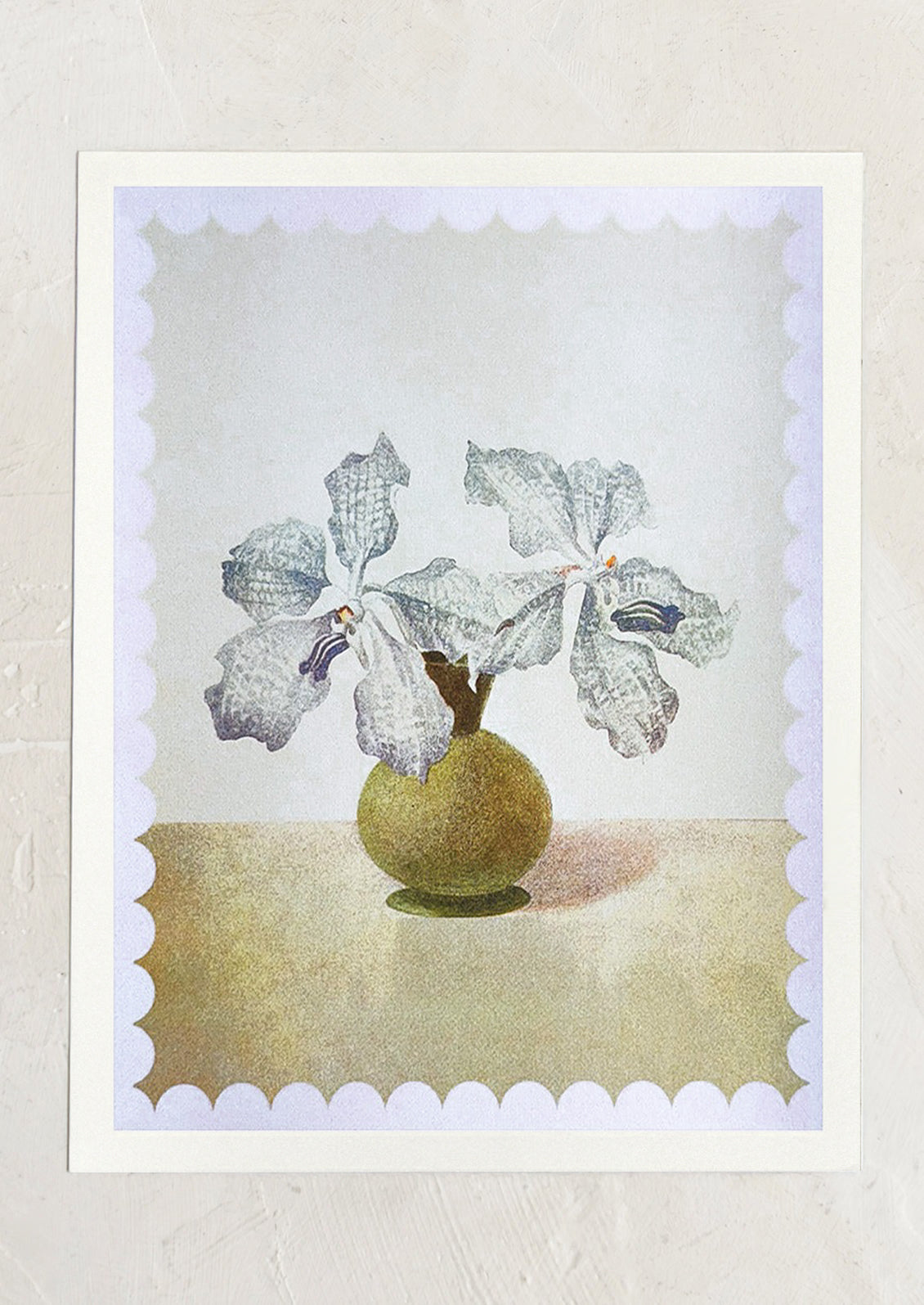 Decorative print of a vase with flowers on a textured background with scalloped lilac border.