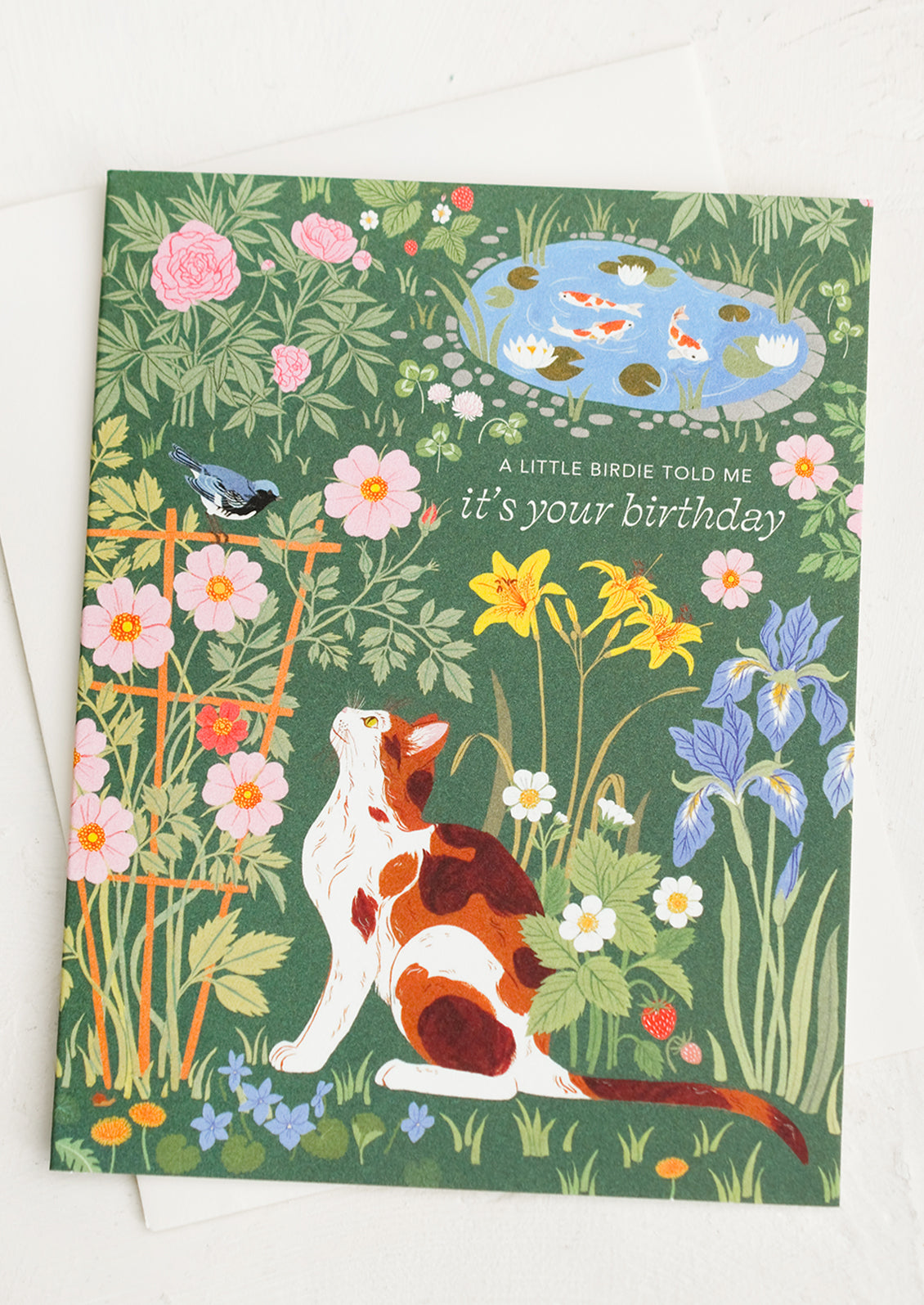 A cat in garden printed greeting card reading "A little birdie told me it's your birthday".