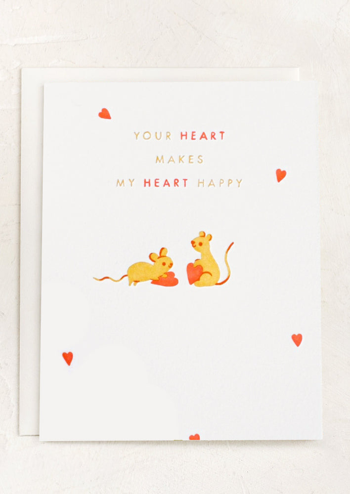 1: A card with image of two mice with hearts, text reads "Your heart makes my heart happy".