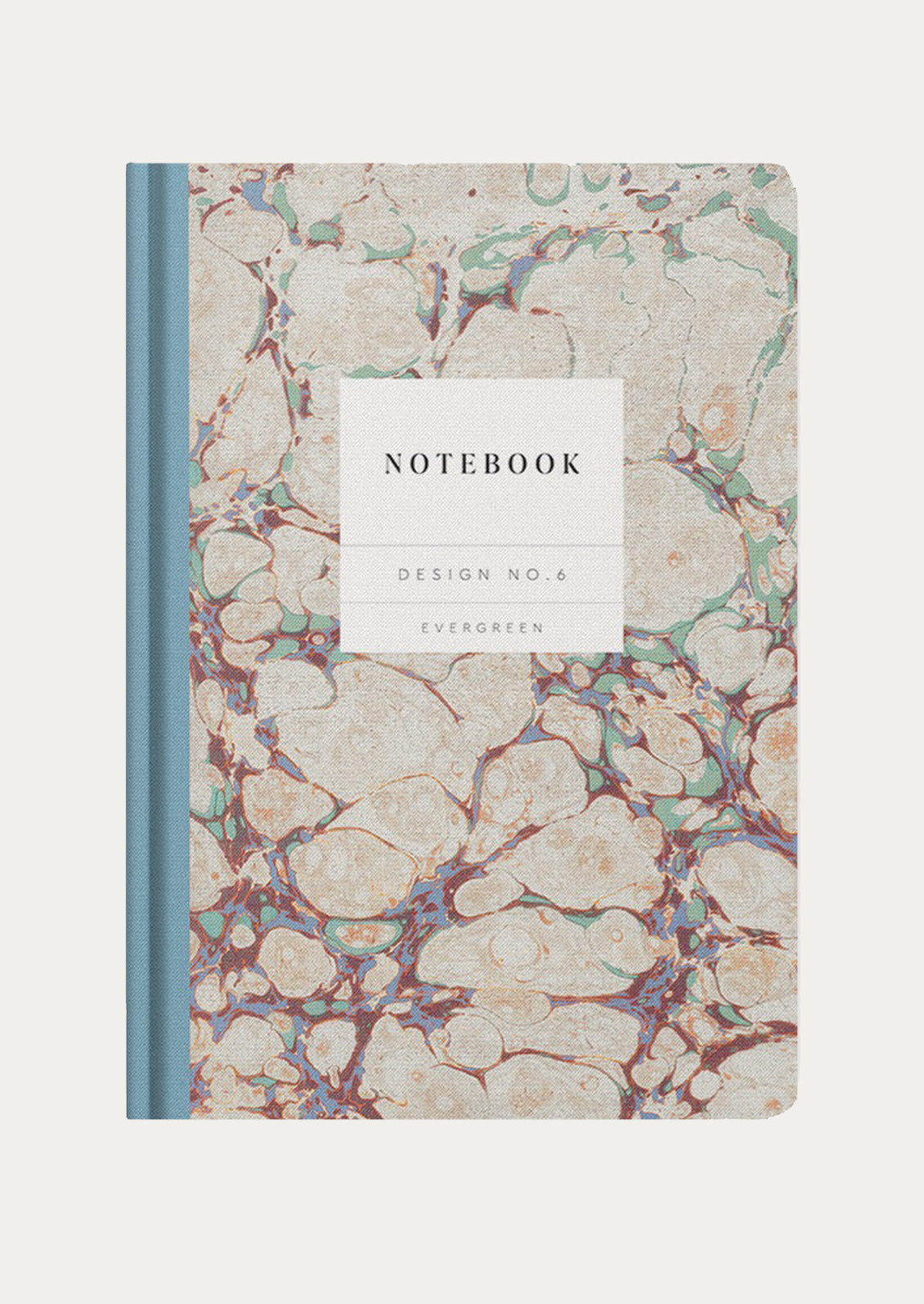 Notebook with marble design and 'Evergreen' branding on a white background