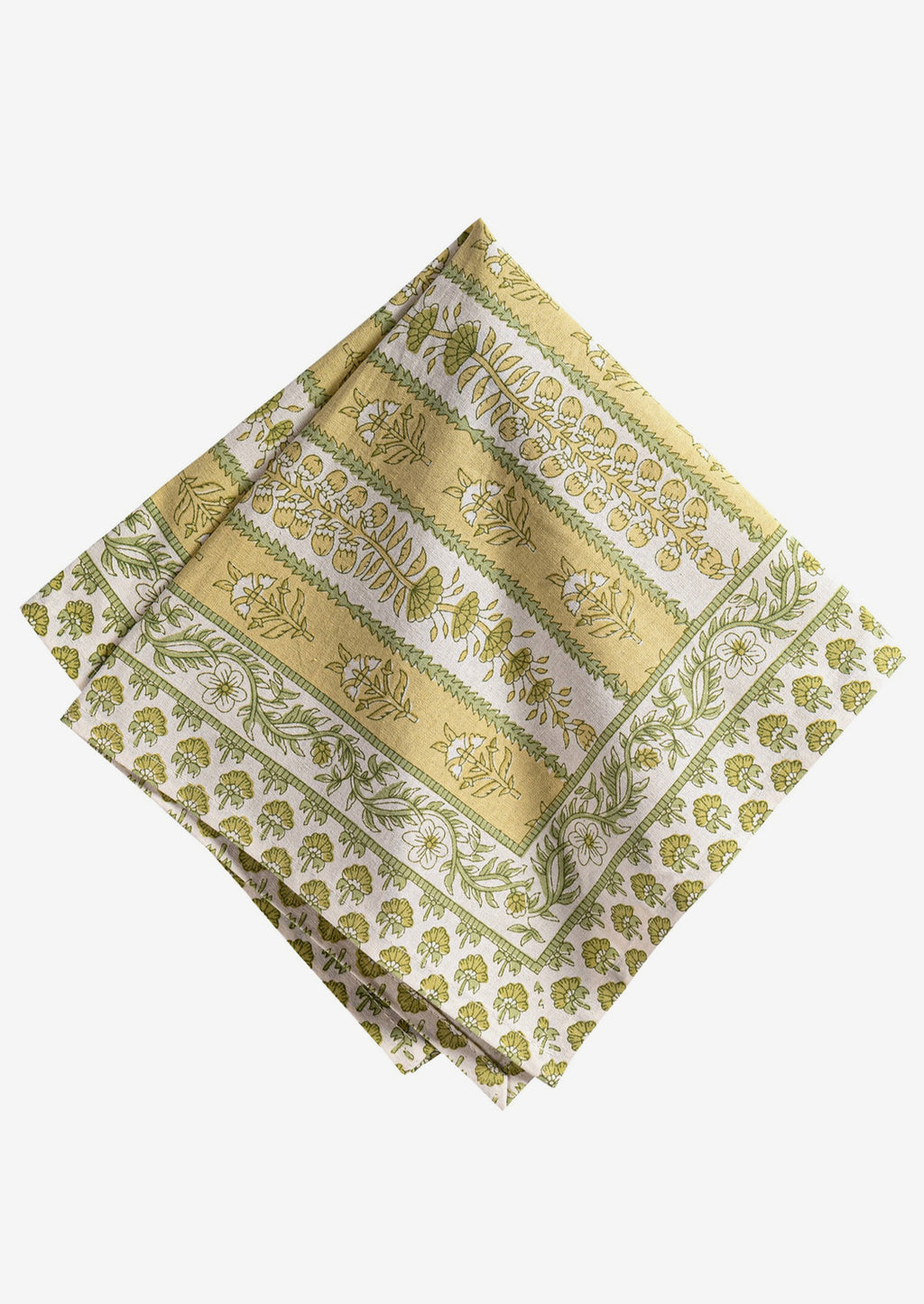 3: A set of green and yellow floral print napkins.