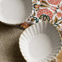3: Pleated stoneware dishes in assorted shapes.