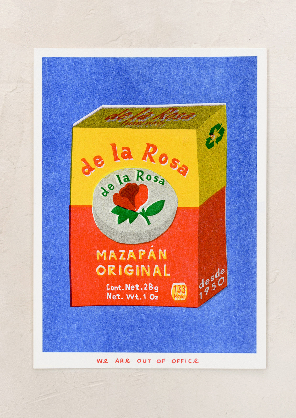 A risograph art print with illustration of a box of Rose Marzipan.