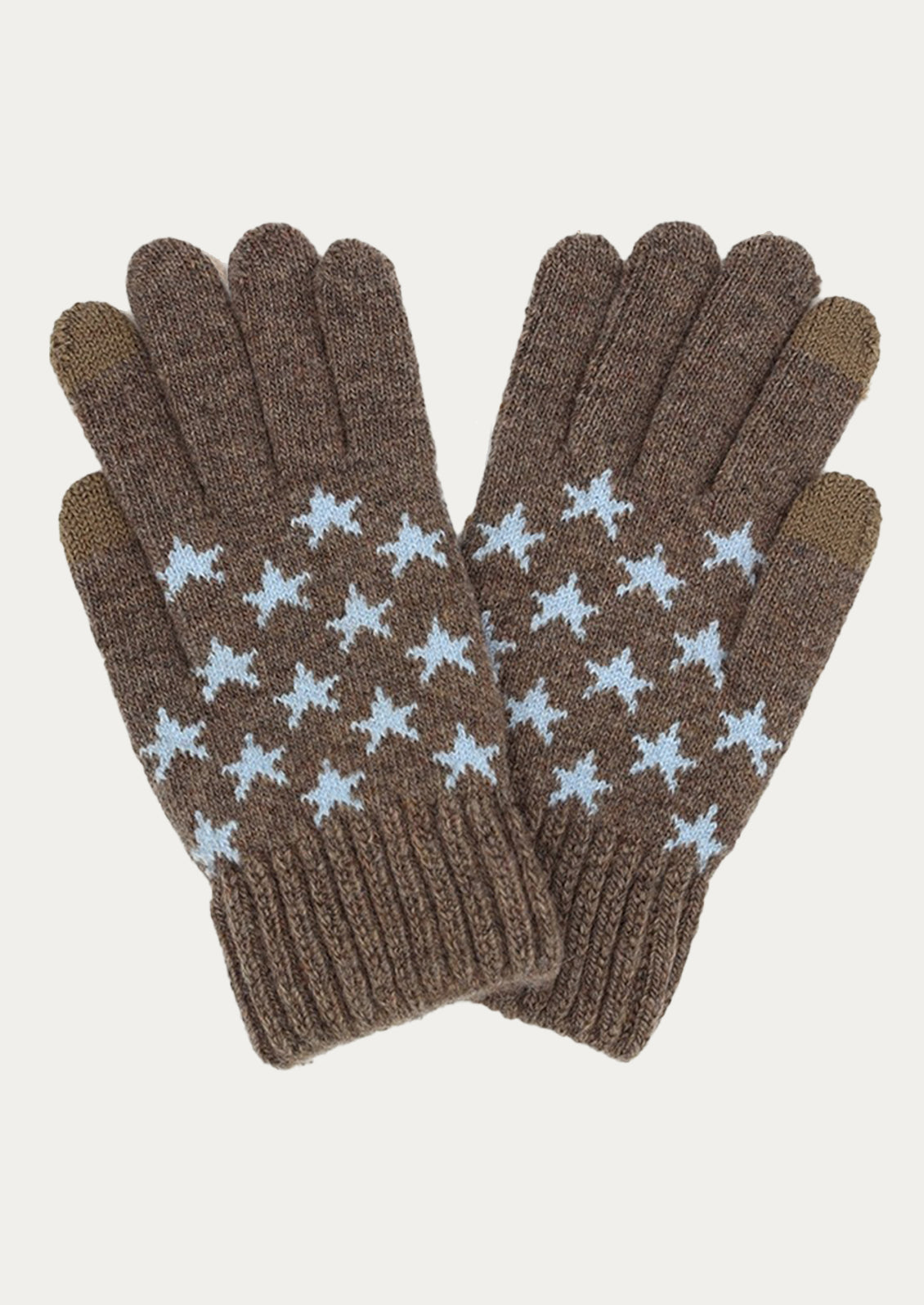 Pair of brown gloves with blue star patterns on a light gray background
