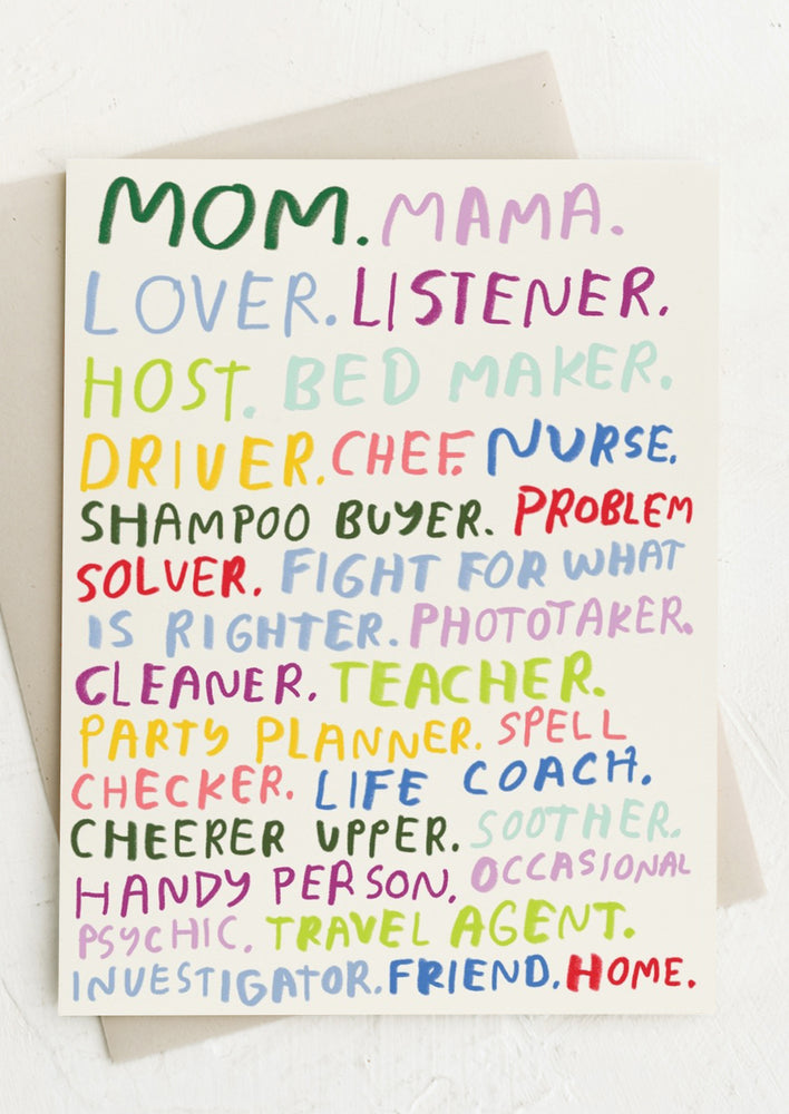 1: A card with colorful writing of all the things mom does!
