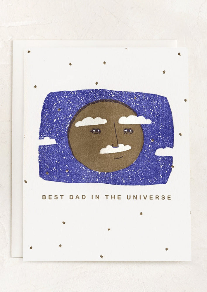 1: A card with image of moon with face ,text reads "Best dad in the universe".