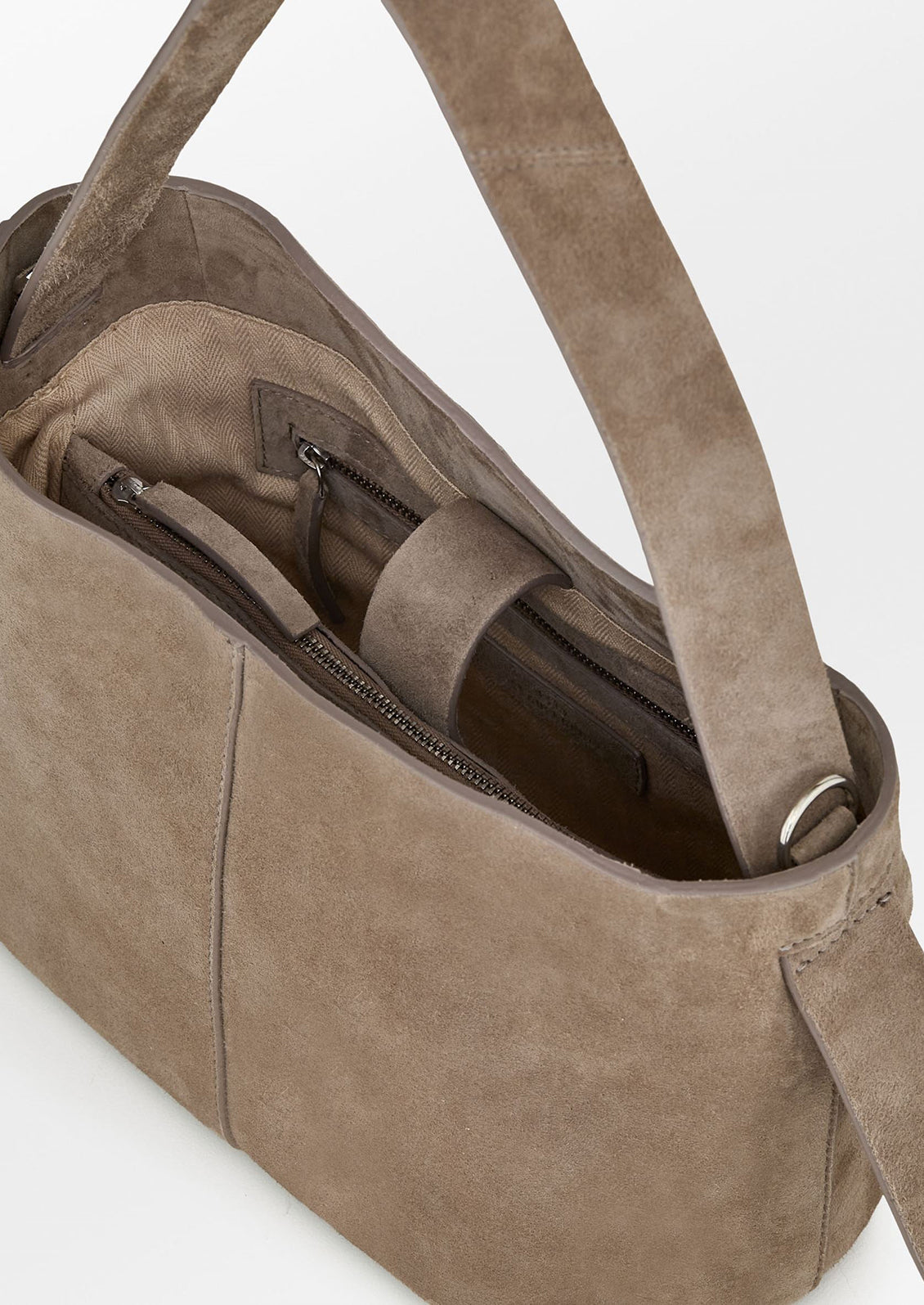 A suede handbag in mouse grey.