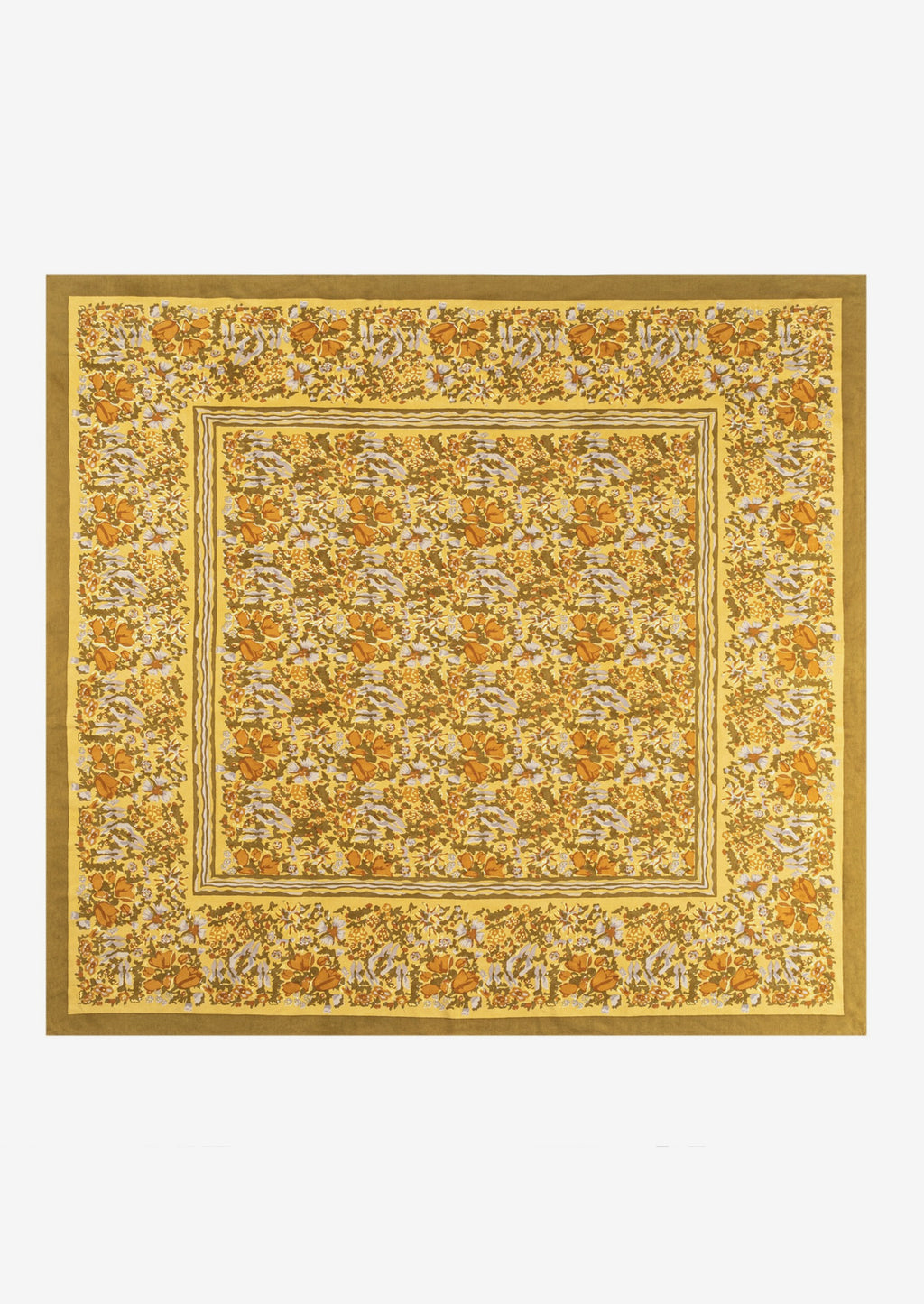 1: A mustard floral print tablecloth.