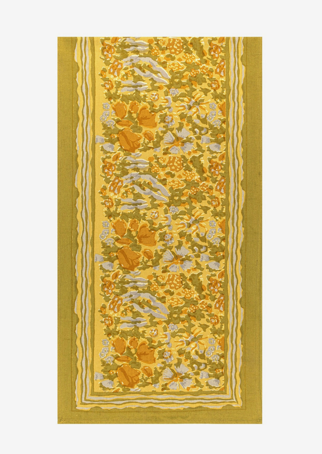 1: A mustard floral print table runner.