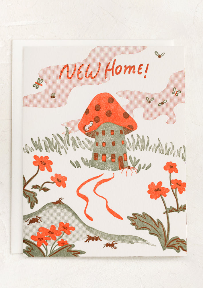 A bug and mushroom print card reading "new Home!".