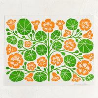 1: A woodblock print of orange nasturtiums.