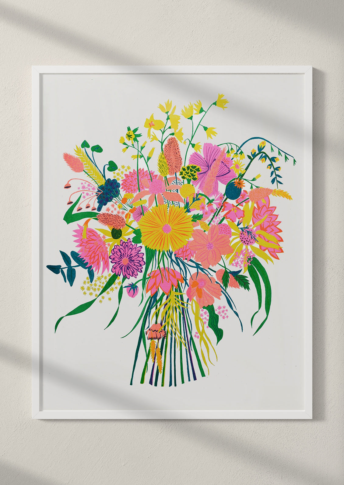 An art print with neon bouquet, in white frame.