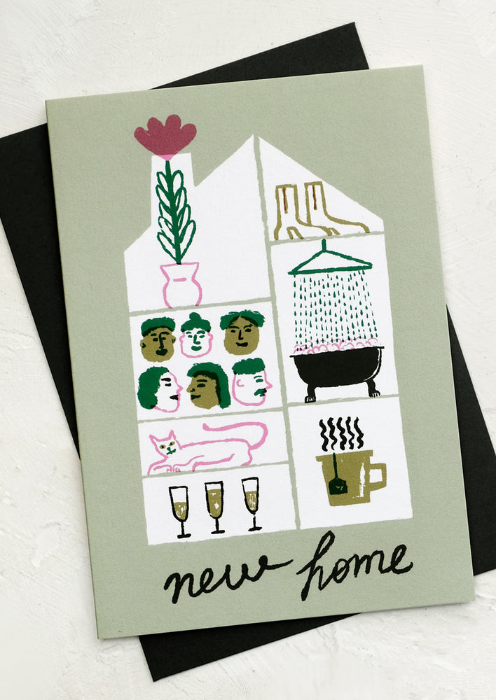 1: An illustrated new home greeting card in green.