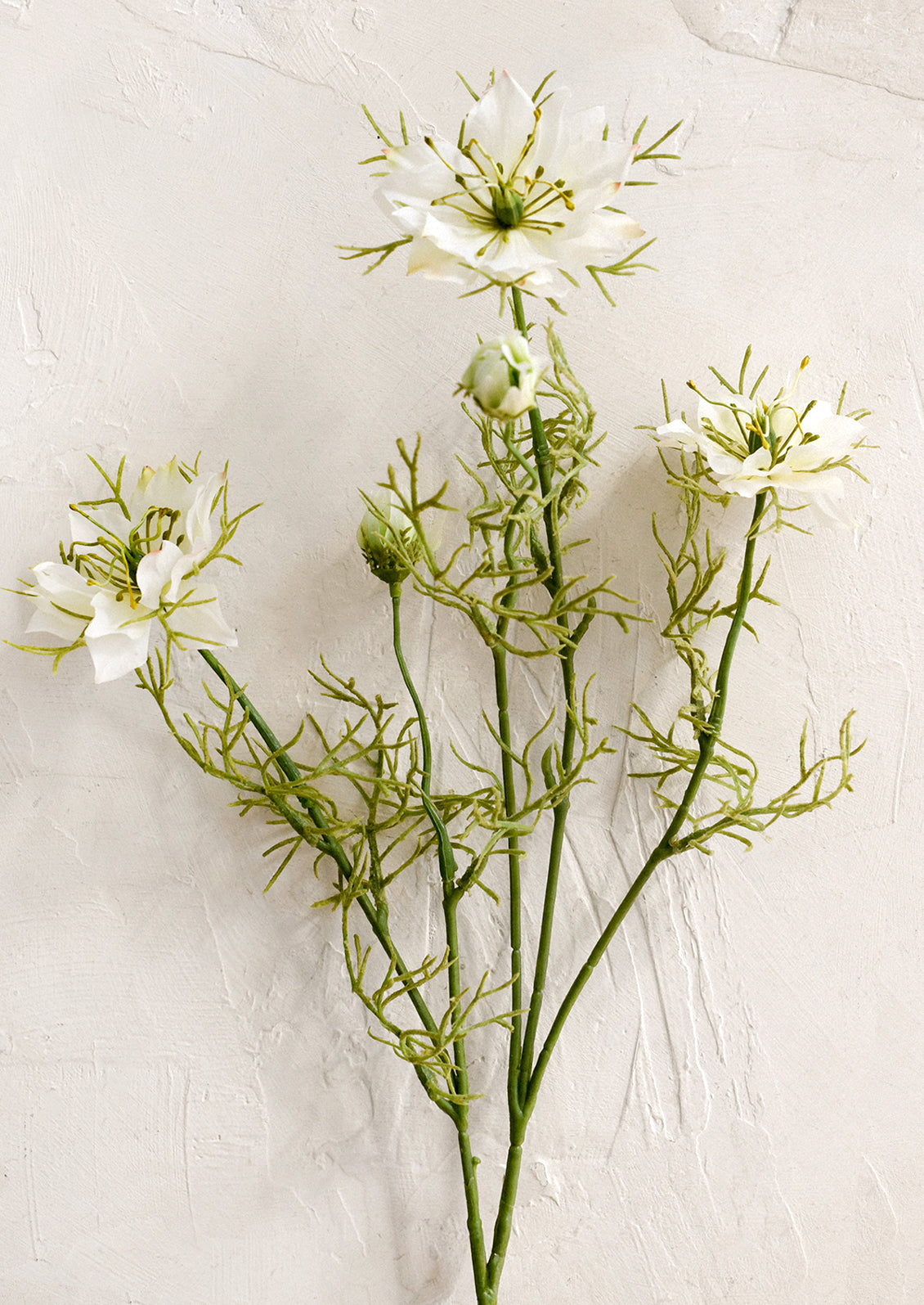 A faux flower stem depicting a white nigella flower.