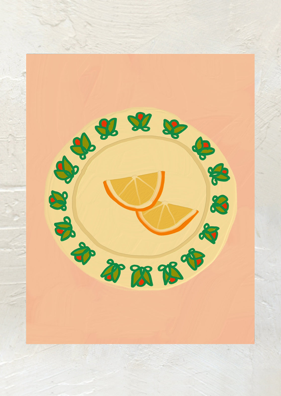 An art print with illustration of orange slices on a plate, on peach background.