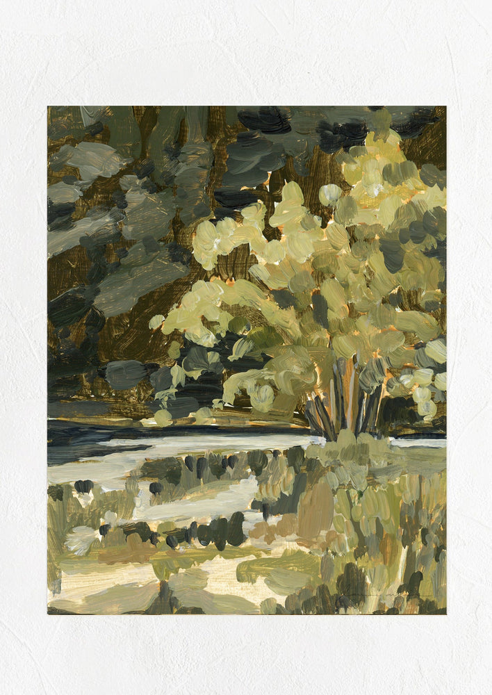 1: "Oregon River" landscape style art print with thick heavy brushstroke style.